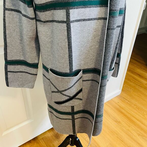 Anthropologie Oliver.O Open Front Hooded Cardigan Jacket Gray and Green Plaid Si - Picture 4 of 10